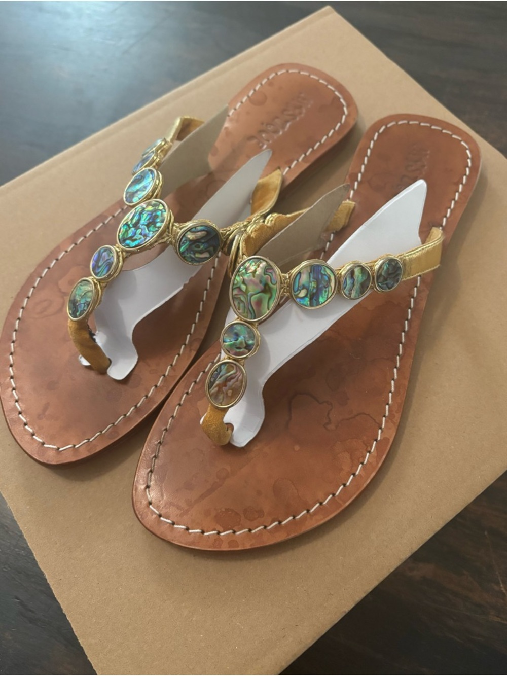 Mystique Boutique Gold Leather Thong Sandals with Iridescent Abalone Accents